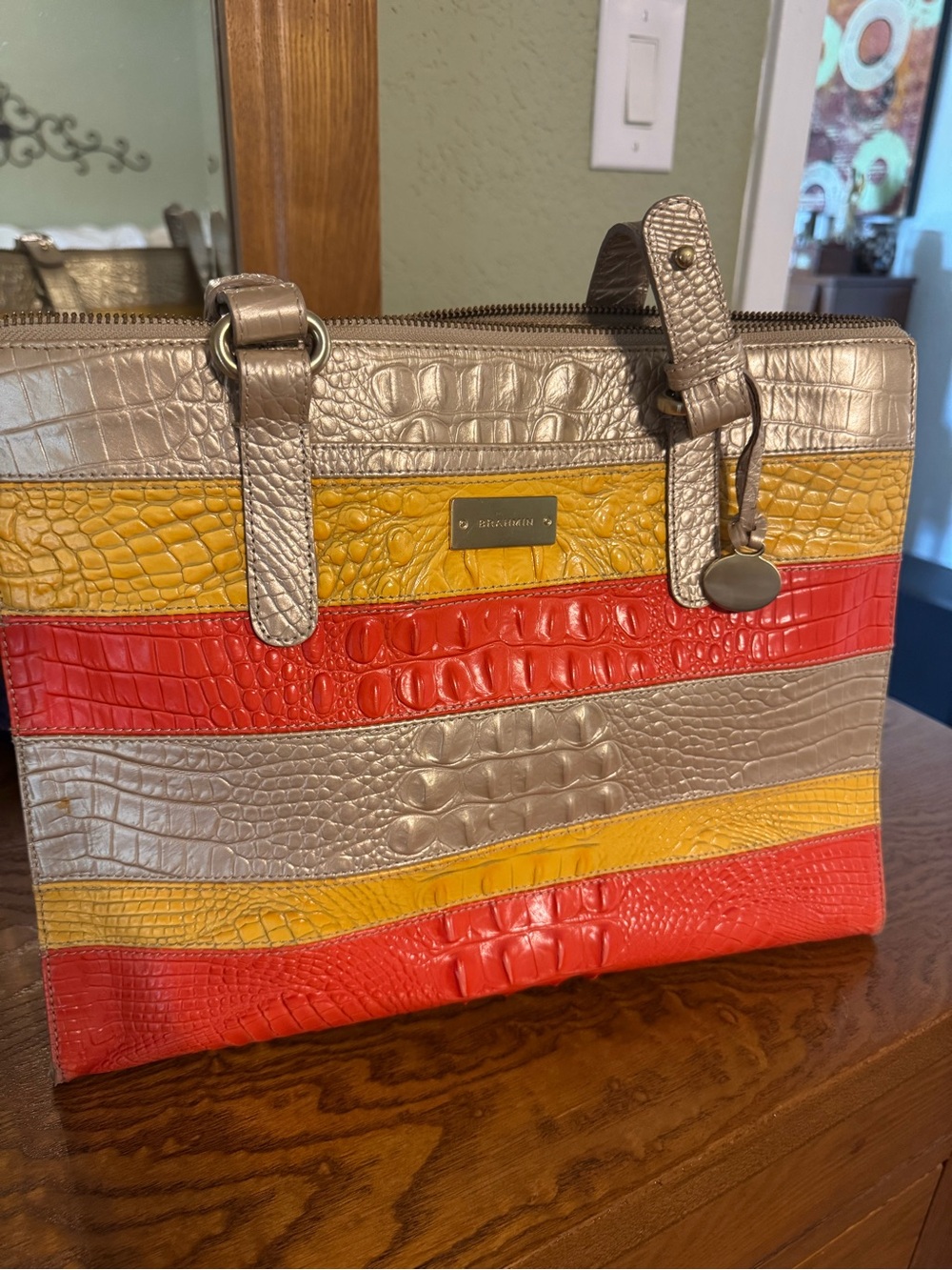 Brahmin Croc-Embossed Striped Bag in Red, Yellow & Taupe - Picture 2 of 11